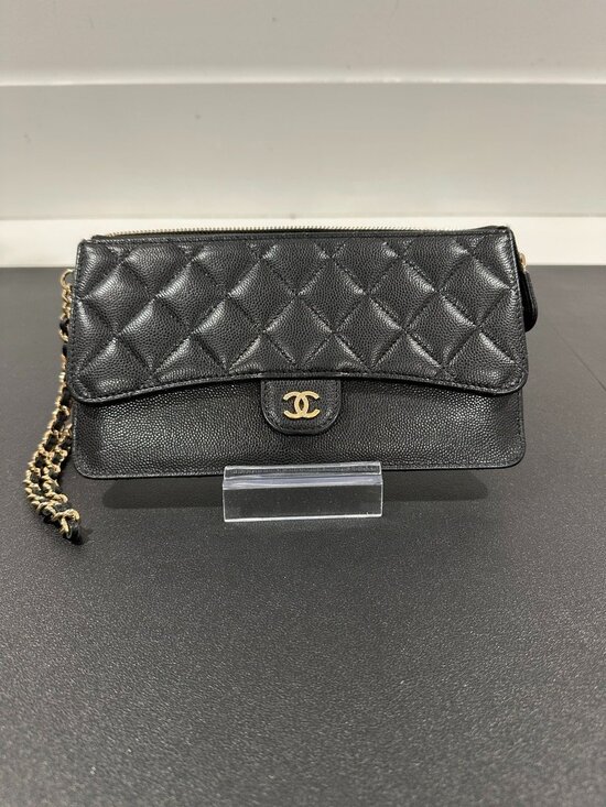 Chanel Handbags - Chanel Lambskin Quilted Classic Pouch with Handle Black (JB1443)